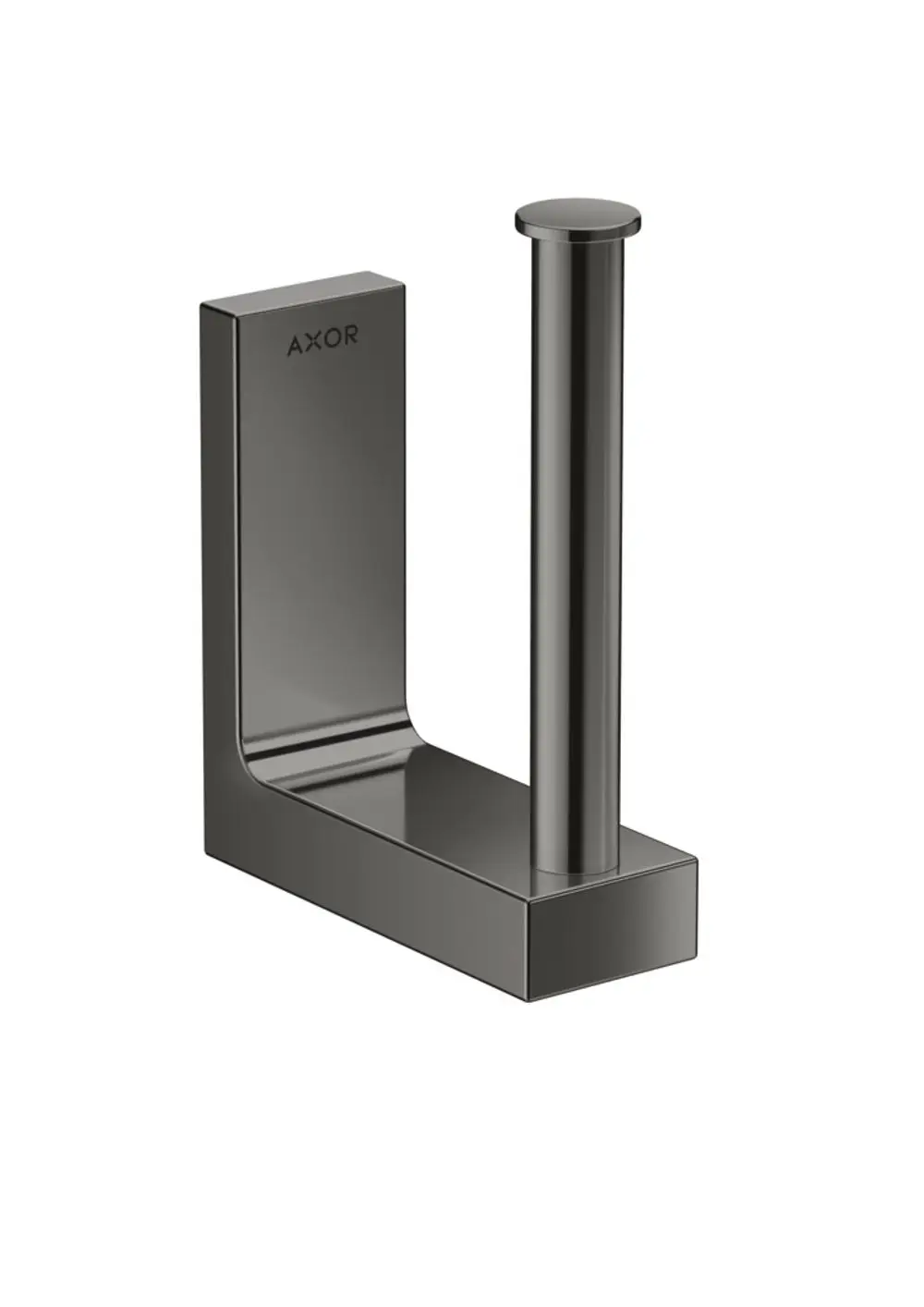 Papierrollenhalter in poliertem Schwarzchrom von AXOR, mit rechteckigem Grundelement und vertikalem Aufsatz zur Befestigung von Papierrollen.
